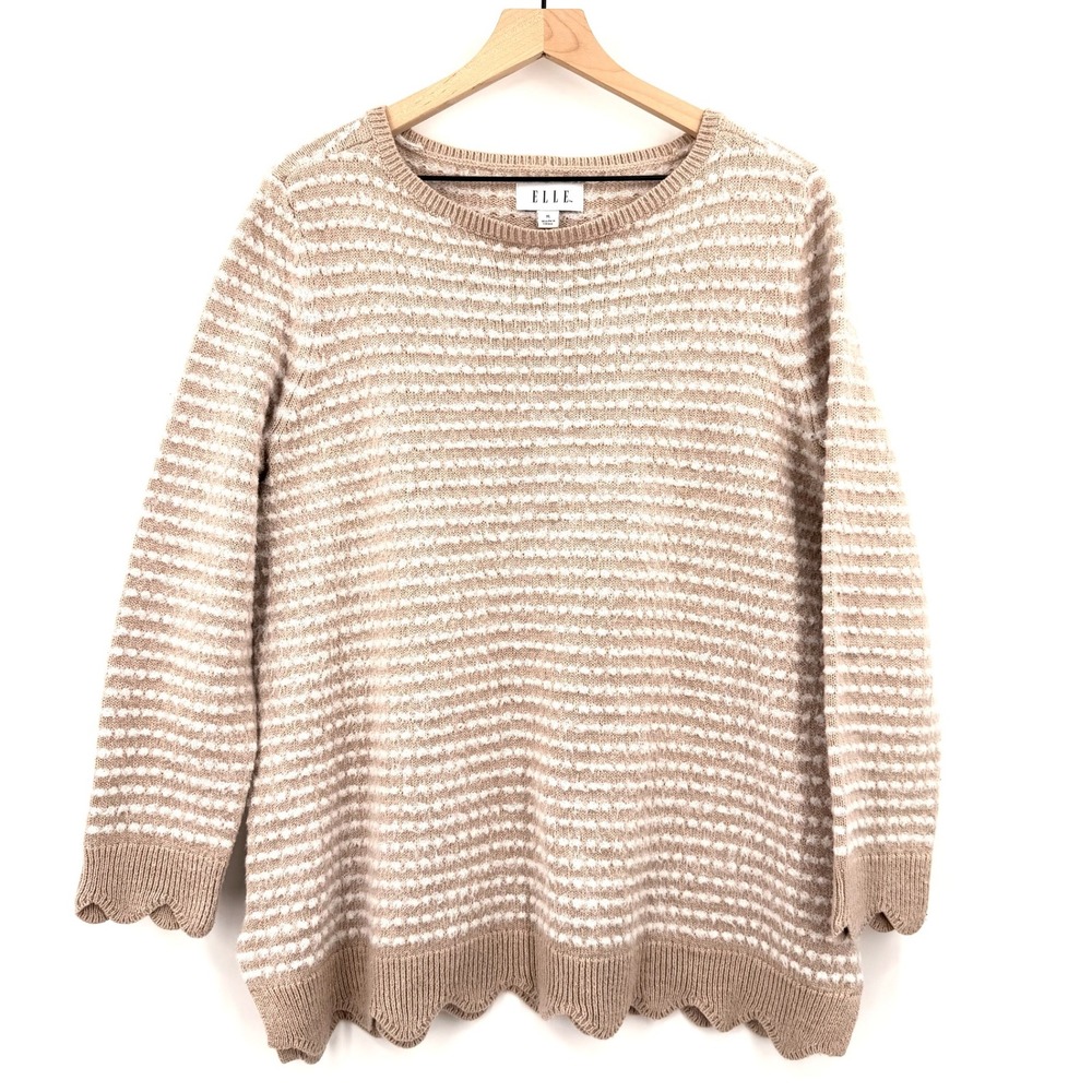 Elle Sweater Women XL Tan White Excellent Scalloped Hem Textured Striped Knit